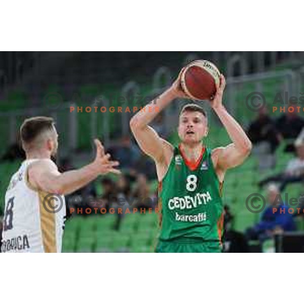 in action during ABA league 2022-2033 regular season match between Cedevita Olimpija and SC Derby in Ljubljana, Slovenia on April 4, 2023