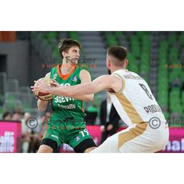 in action during ABA league 2022-2033 regular season match between Cedevita Olimpija and SC Derby in Ljubljana, Slovenia on April 4, 2023