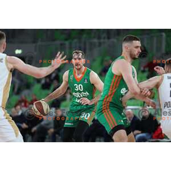 in action during ABA league 2022-2033 regular season match between Cedevita Olimpija and SC Derby in Ljubljana, Slovenia on April 4, 2023