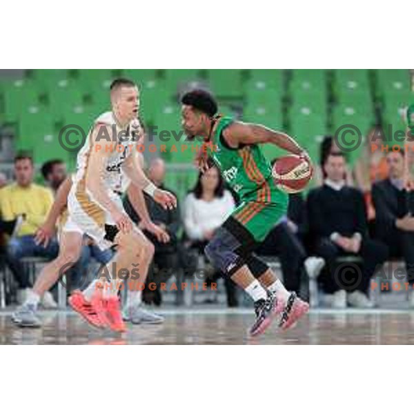 in action during ABA league 2022-2033 regular season match between Cedevita Olimpija and SC Derby in Ljubljana, Slovenia on April 4, 2023 