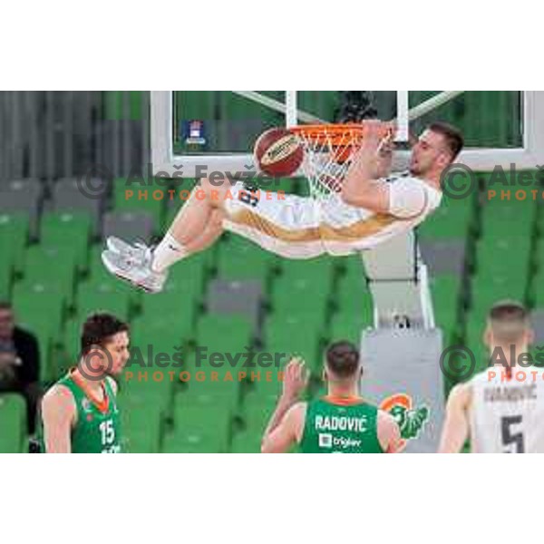 in action during ABA league 2022-2033 regular season match between Cedevita Olimpija and SC Derby in Ljubljana, Slovenia on April 4, 2023 