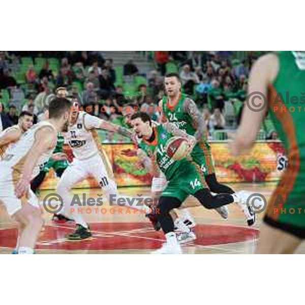 in action during ABA league 2022-2033 regular season match between Cedevita Olimpija and SC Derby in Ljubljana, Slovenia on April 4, 2023