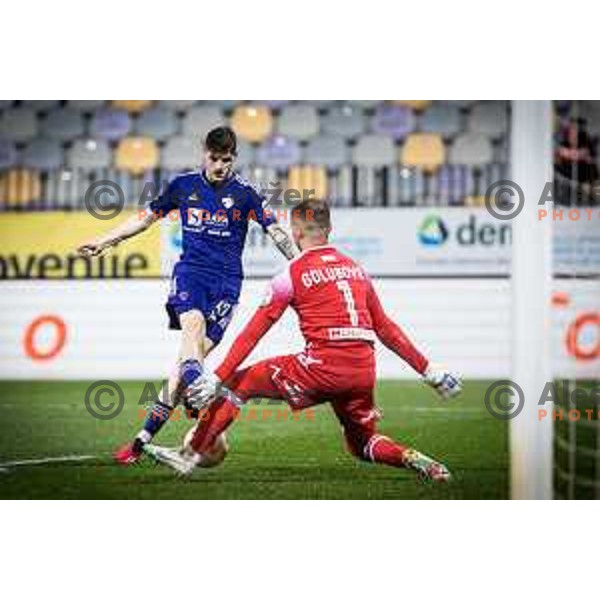 Marin Lausic vs Adnan Golubovic in action during Prva liga Telemach football match between Maribor and Koper in Ljudski vrt, Maribor, Slovenia on April 8, 2023. Photo: Jure Banfi