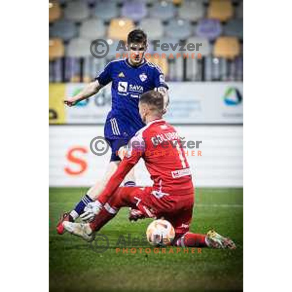 Marin Lausic vs Adnan Golubovic in action during Prva liga Telemach football match between Maribor and Koper in Ljudski vrt, Maribor, Slovenia on April 8, 2023. Photo: Jure Banfi