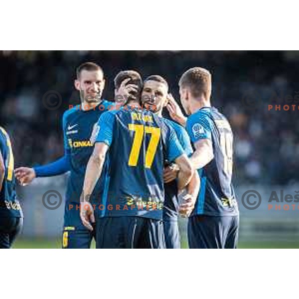 Lovro Bizjak and Nino Kouter celebrating during Prva liga Telemach football match between Mura and Celje in Fazanerija, Murska Sobota, Slovenia on April 10, 2023. Photo: Jure Banfi