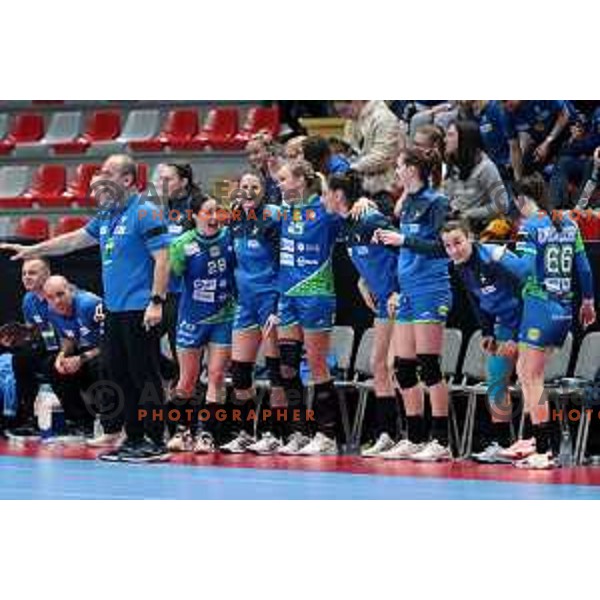 Dragan Adzic, Maja Svetik, Natasa Ljepoja, Barbara Lazovic, Alja Varagic and Ana Gros during World Cup 2023 Qualification match between Slovenia and Italy in Ljubljana, Slovenia on April 12, 2023