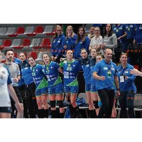 Dragan Adzic, Maja Svetik, Natasa Ljepoja, Barbara Lazovic, Alja Varagic and Ana Gros during World Cup 2023 Qualification match between Slovenia and Italy in Ljubljana, Slovenia on April 12, 2023