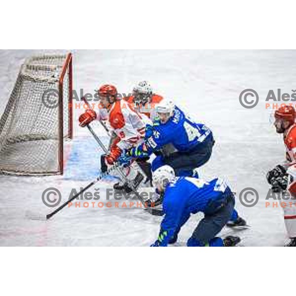 in action during friendly ice hockey match between Slovenia and Poland in Ledna Dvorana, Maribor, Slovenia on April 13, 2023. Photo: Jure Banfi
