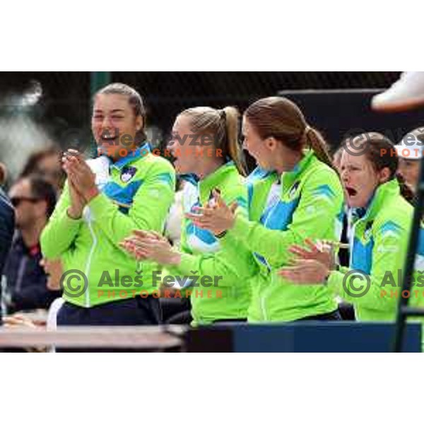 Ela Nala Milic, Nina Potocnik, Ziva Falkner and Pia Lovric during Bilie Jean King Cup between Slovenia and Romania in SRC Bonifika, Koper, Slovenia on April 14, 2023