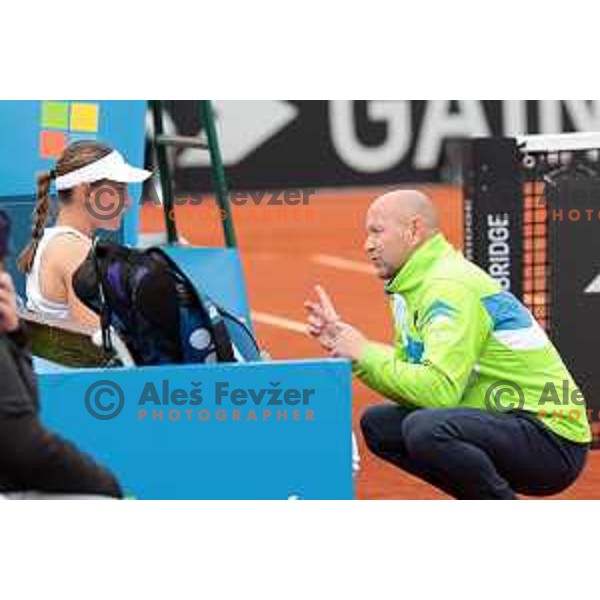 Kaja Juvan (SLO) and Andrej Krasevec in action during Bilie Jean King Cup between Slovenia and Romania in SRC Bonifika, Koper, Slovenia on April 14, 2023