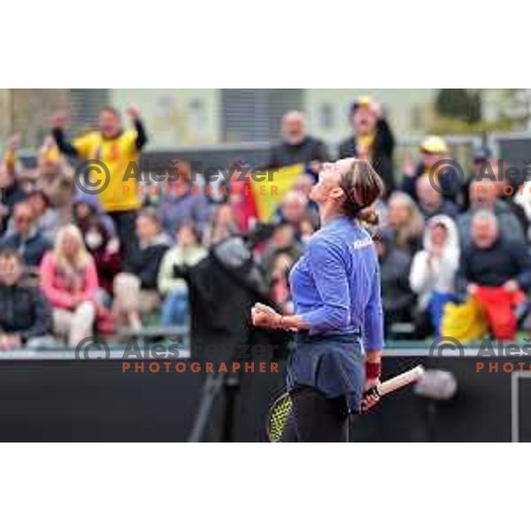 Ana Bogdan (ROU) celebrates victory during Bilie Jean King Cup between Slovenia and Romania in SRC Bonifika, Koper, Slovenia on April 14, 2023