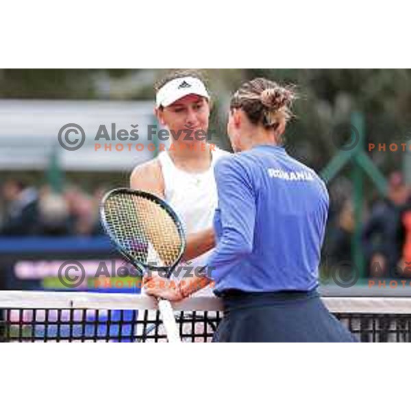 Ana Bogdan (ROU) celebrates victory during Bilie Jean King Cup between Slovenia and Romania in SRC Bonifika, Koper, Slovenia on April 14, 2023