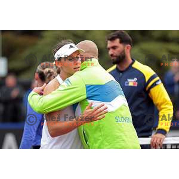 Kaja Juvan (SLO) and Andrej Krasevec in action during Bilie Jean King Cup between Slovenia and Romania in SRC Bonifika, Koper, Slovenia on April 14, 2023