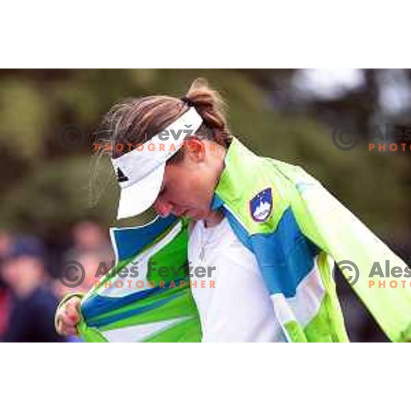 Kaja Juvan (SLO) in action during Bilie Jean King Cup between Slovenia and Romania in SRC Bonifika, Koper, Slovenia on April 14, 2023