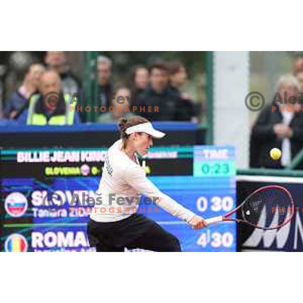 Tamara Zidansek (SLO) in action during Bilie Jean King Cup between Slovenia and Romania in SRC Bonifika, Koper, Slovenia on April 14, 2023