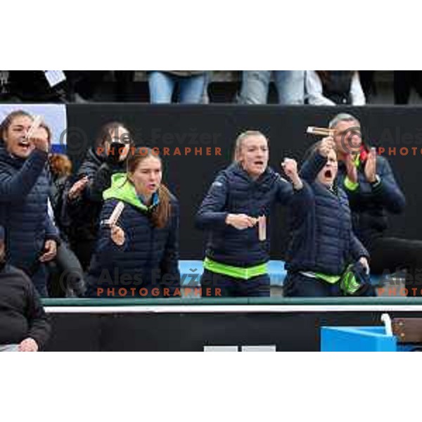 Ela Nala Milic, Nina Potocnik, Ziva Falkner and Pia Lovric during Bilie Jean King Cup between Slovenia and Romania in SRC Bonifika, Koper, Slovenia on April 14, 2023
