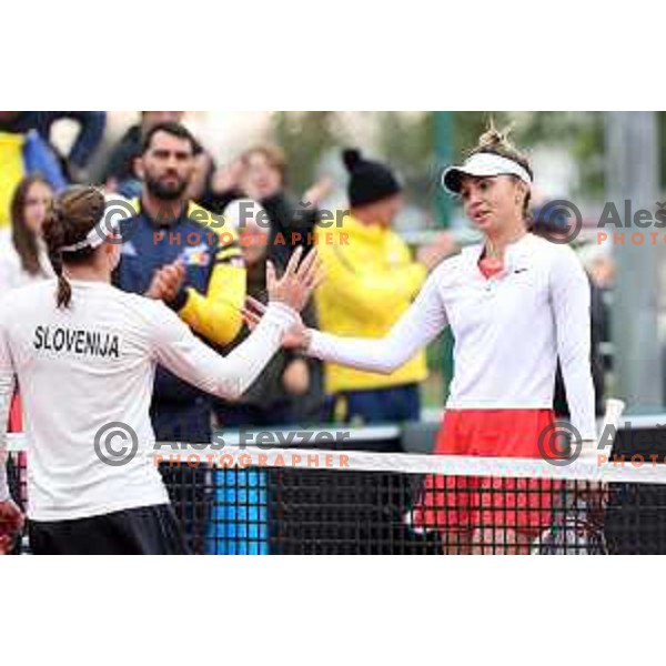Tamara Zidansek and Jacqueline Adina Cristian (ROU) in action during Bilie Jean King Cup between Slovenia and Romania in SRC Bonifika, Koper, Slovenia on April 14, 2023
