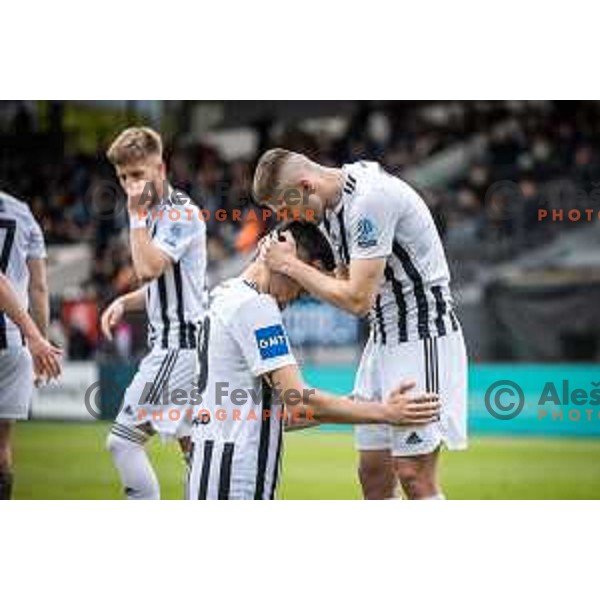 Mirlind Daku and Amar Beganovic celebrating during Prva liga Telemach football match between Mura and Radomlje in Fazanerija, Murska Sobota, Slovenia on April 15, 2023. Photo: Jure Banfi