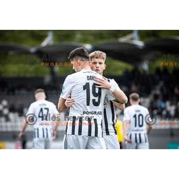 Mirlind Daku and Niko Kasalo celebrating during Prva liga Telemach football match between Mura and Radomlje in Fazanerija, Murska Sobota, Slovenia on April 15, 2023. Photo: Jure Banfi