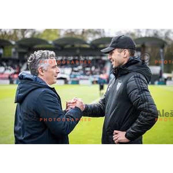 Oliver Bogatinov, head coach of Radomlje and Dejan Grabic, head coach of Mura during Prva liga Telemach football match between Mura and Radomlje in Fazanerija, Murska Sobota, Slovenia on April 15, 2023. Photo: Jure Banfi