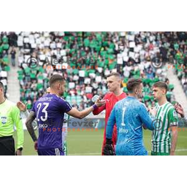 Luka Uskokovic and Matevz Vidovsek in action during Prva Liga Telemach 2022-2023 football match between Olimpija and Maribor in SRC Stozice, Ljubljana, Slovenia on April 16, 2023