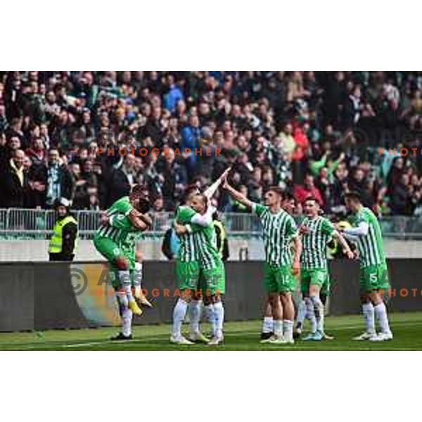 Timi Max Elsnik, Aljaz Krefl, Mario Kvesic and Marcel Ratnik celebrate goal during Prva Liga Telemach 2022-2023 football match between Olimpija and Maribor in SRC Stozice, Ljubljana, Slovenia on April 16, 2023