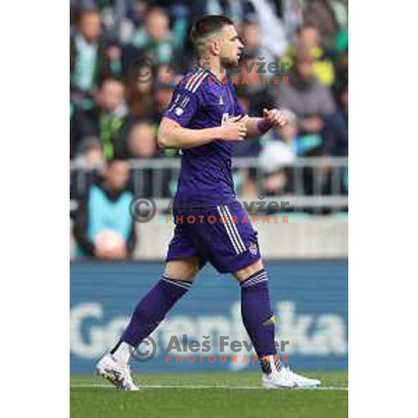 Zan Vipotnik in action during Prva Liga Telemach 2022-2023 football match between Olimpija and Maribor in SRC Stozice, Ljubljana, Slovenia on April 16, 2023