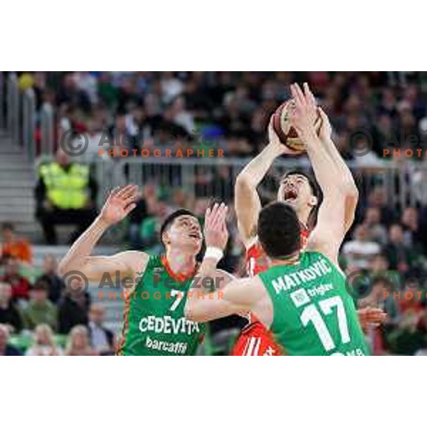 Amar Alibegovic of Cedevita Olimpija and Luka Mitrovic of Crvena Zvezda mts during ABA League 2022-2023 match between Cedevita Olimpija and Crvena Zvezda mts (SRB) in Ljubljana, Slovenia on April 24, 2023. Foto: Filip Barbalic