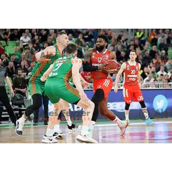 Alen Omic of Cedevita Olimpija and Hassan Martin of Crvena Zvezda mts during ABA League 2022-2023 match between Cedevita Olimpija and Crvena Zvezda mts (SRB) in Ljubljana, Slovenia on April 24, 2023. Foto: Filip Barbalic