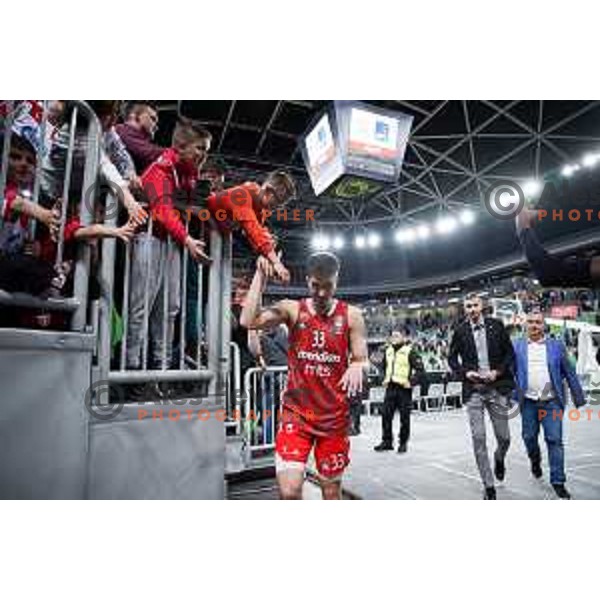 Filip Petrusev of Crvena Zvezda mts celebrates win at ABA League 2022-2023 match between Cedevita Olimpija and Crvena Zvezda mts (SRB) in Ljubljana, Slovenia on April 24, 2023. Foto: Filip Barbalic