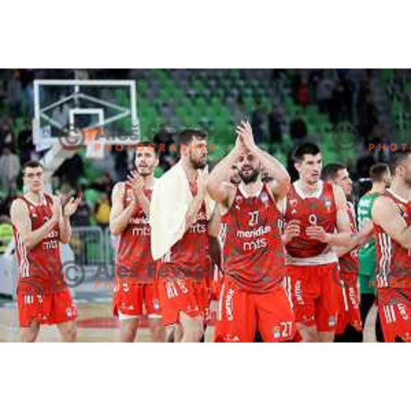 Stefan Markovic and teammates of Crvena Zvezda mts celebrate win at ABA League 2022-2023 match between Cedevita Olimpija and Crvena Zvezda mts (SRB) in Ljubljana, Slovenia on April 24, 2023. Foto: Filip Barbalic