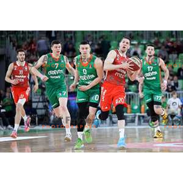 Matic Rebec of Cedevita Olimpija and Nikola Ivanovic of Crvena Zvezda mts during ABA League 2022-2023 match between Cedevita Olimpija and Crvena Zvezda mts (SRB) in Ljubljana, Slovenia on April 24, 2023. Foto: Filip Barbalic