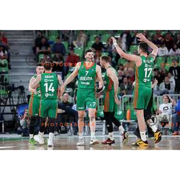 Josh Adams, Amar Alibegovic and Karlo Matkovic of Cedevita Olimpija during ABA League 2022-2023 match between Cedevita Olimpija and Crvena Zvezda mts (SRB) in Ljubljana, Slovenia on April 24, 2023. Foto: Filip Barbalic