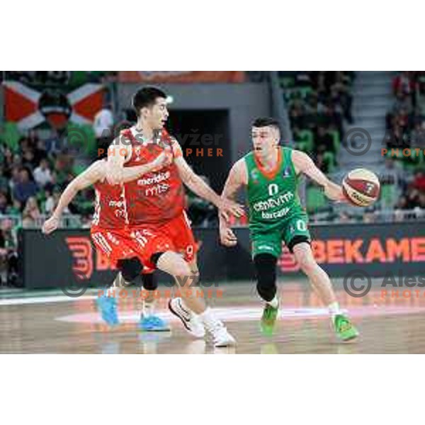 Luka Mitrovic of Crvena Zvezda mts and Matic Rebec of Cedevita Olimpija during ABA League 2022-2023 match between Cedevita Olimpija and Crvena Zvezda mts (SRB) in Ljubljana, Slovenia on April 24, 2023. Foto: Filip Barbalic