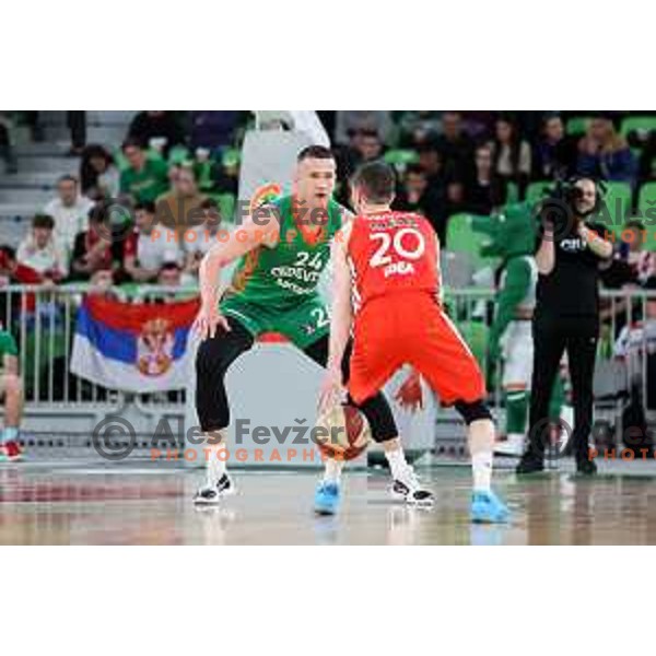 Alen Omic of Cedevita Olimpija and Nikola Ivanovic of Crvena Zvezda mts during ABA League 2022-2023 match between Cedevita Olimpija and Crvena Zvezda mts (SRB) in Ljubljana, Slovenia on April 24, 2023. Foto: Filip Barbalic