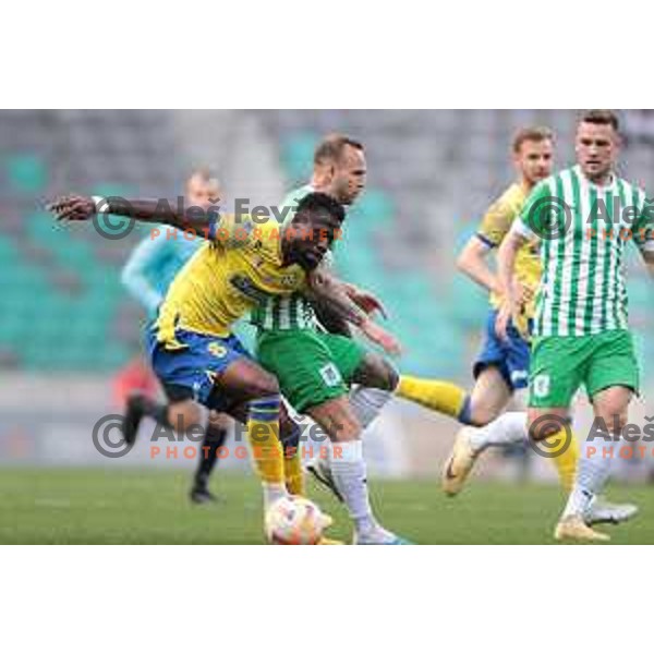 Bright Edomwonyi and Aljaz Krefl in action during Prva Liga Telemach 2022-2023 football match between Olimpija and Koper in SRC Stozice, Ljubljana, Slovenia on April 30, 2023