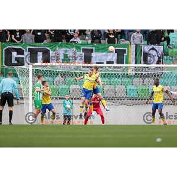Ivan Novoselec and Maj Mittendorfer in action during Prva Liga Telemach 2022-2023 football match between Olimpija and Koper in SRC Stozice, Ljubljana, Slovenia on April 30, 2023