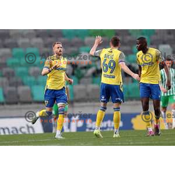 Andrej Kotnik, Karlo Bilic and Omar Correia celebrate goal during Prva Liga Telemach 2022-2023 football match between Olimpija and Koper in SRC Stozice, Ljubljana, Slovenia on April 30, 2023