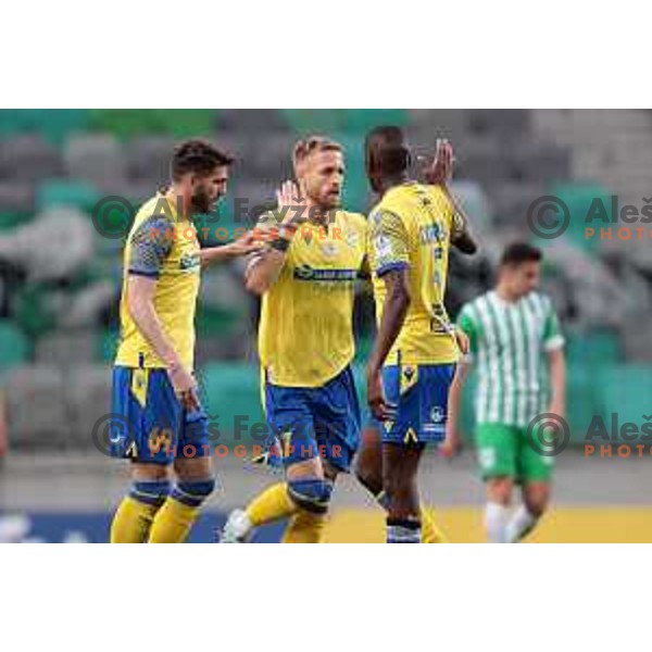 Andrej Kotnik, Karlo Bilic and Omar Correia celebrate goal during Prva Liga Telemach 2022-2023 football match between Olimpija and Koper in SRC Stozice, Ljubljana, Slovenia on April 30, 2023