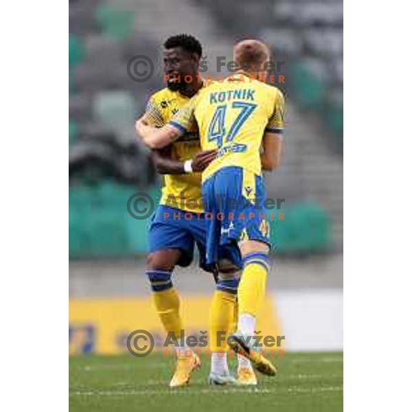 Bright Edomwonyi and Andrej Kotnik in action during Prva Liga Telemach 2022-2023 football match between Olimpija and Koper in SRC Stozice, Ljubljana, Slovenia on April 30, 2023
