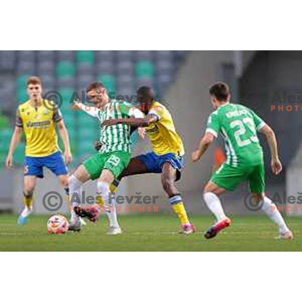 Dino Spehar and Omar Correia in action during Prva Liga Telemach 2022-2023 football match between Olimpija and Koper in SRC Stozice, Ljubljana, Slovenia on April 30, 2023