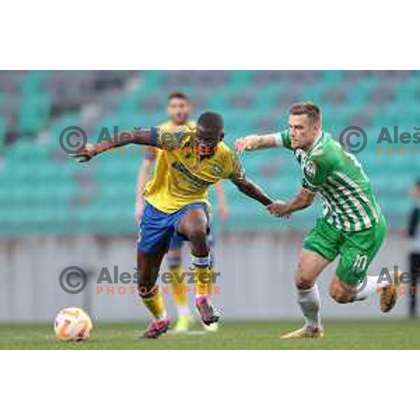Omar Correia and Timi Max Elsnik in action during Prva Liga Telemach 2022-2023 football match between Olimpija and Koper in SRC Stozice, Ljubljana, Slovenia on April 30, 2023