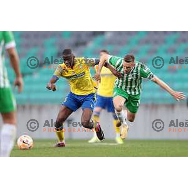 Omar Correia and Timi Max Elsnik in action during Prva Liga Telemach 2022-2023 football match between Olimpija and Koper in SRC Stozice, Ljubljana, Slovenia on April 30, 2023