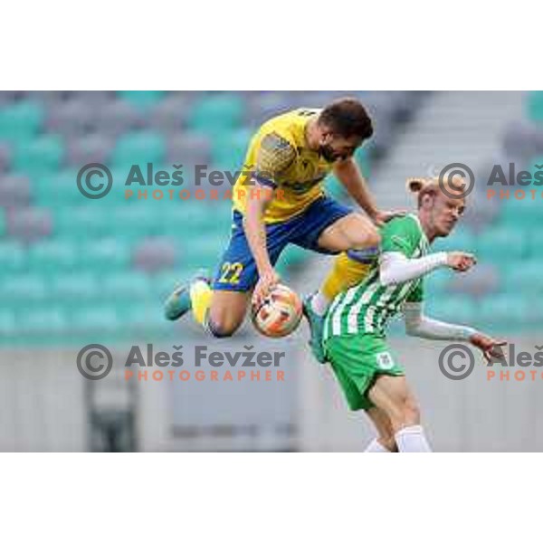 Maks Barisic and Justas Lasickas in action during Prva Liga Telemach 2022-2023 football match between Olimpija and Koper in SRC Stozice, Ljubljana, Slovenia on April 30, 2023