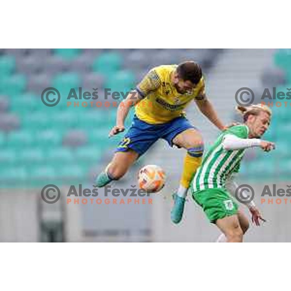 Maks Barisic and Justas Lasickas in action during Prva Liga Telemach 2022-2023 football match between Olimpija and Koper in SRC Stozice, Ljubljana, Slovenia on April 30, 2023