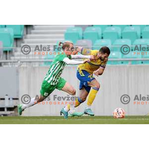 Maks Barisic and Justas Lasickas in action during Prva Liga Telemach 2022-2023 football match between Olimpija and Koper in SRC Stozice, Ljubljana, Slovenia on April 30, 2023