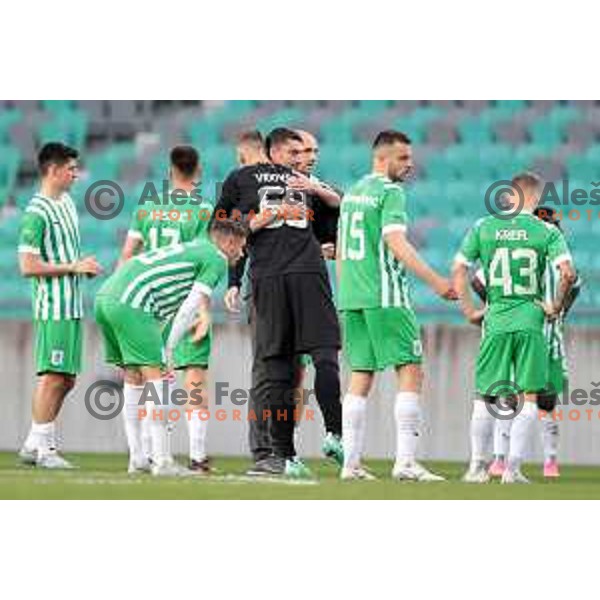Albert Riera hugs Matevz Vidovsek during Prva Liga Telemach 2022-2023 football match between Olimpija and Koper in SRC Stozice, Ljubljana, Slovenia on April 30, 2023