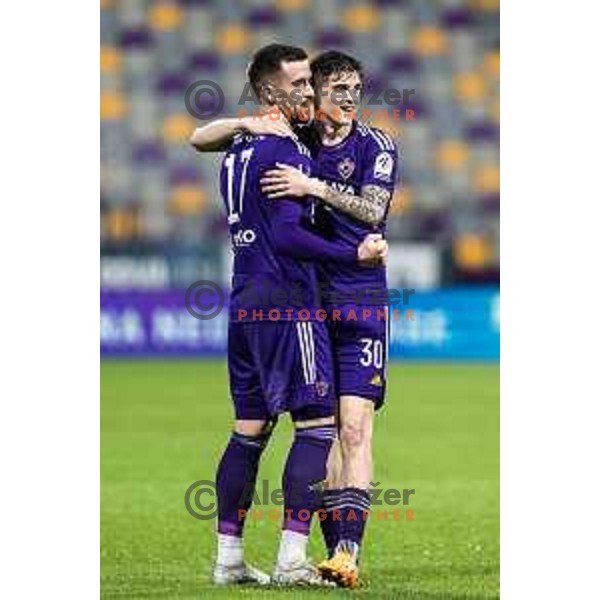 Arnel Jakupovic and Marin Lausic celebrating during Prva liga Telemach football match between Maribor and Mura in Ljudski vrt, Maribor, Slovenia on May 2, 2023. Photo: Jure Banfi