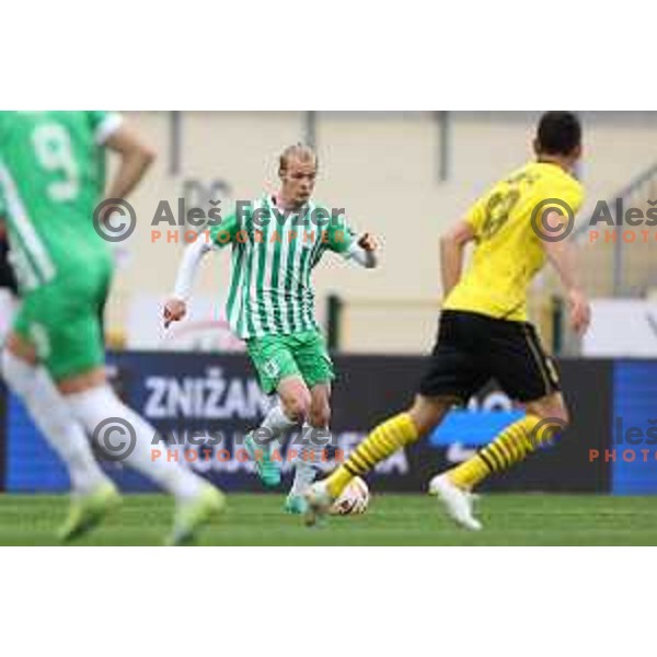 in action during Prva Liga Telemach 2022-2023 football match between Radomlje and Olimpija in Domzale, Slovenia on May 3, 2023