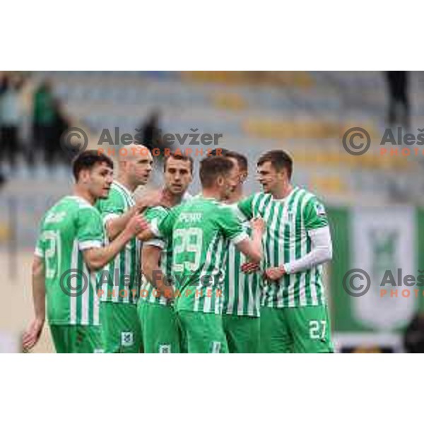 Mustafa Nukic and players of Olimpija celebrate goal during Prva Liga Telemach 2022-2023 football match between Radomlje and Olimpija in Domzale, Slovenia on May 3, 2023